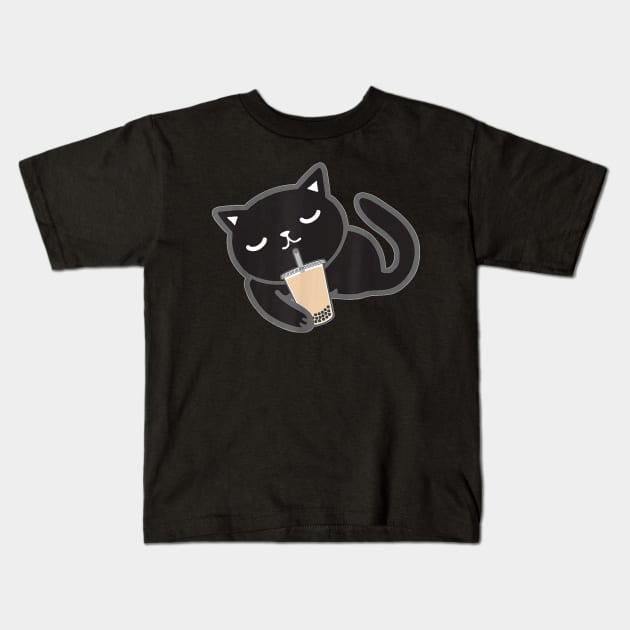 Cute Black Cat With Boba Bombay Kitten Bubble Milk Ea Kids T-Shirt by family love forever